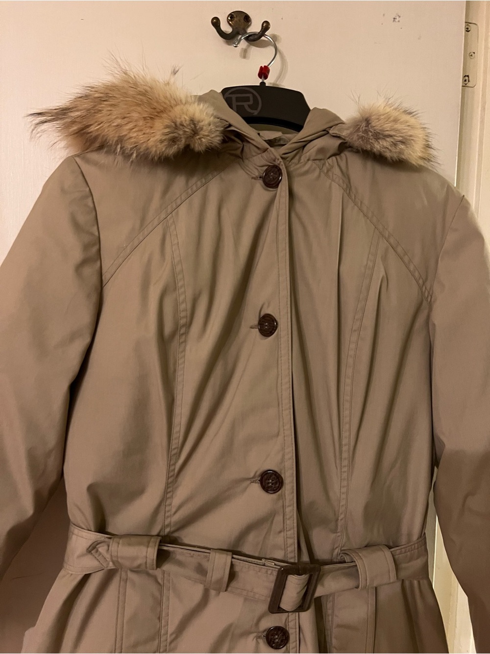 EDDIE BAUER Goose Down Long Trench Puff Jacket Removable Fox Fur Trim Size M-L - Picture 3 of 14